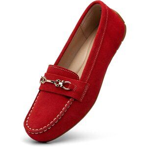 Kordal Women's Red Leather Gold Accent Buckle Slip-Ons Comfortable Loafers